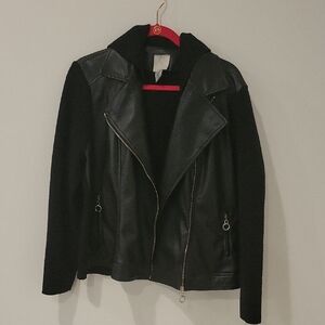 Joie Black Faux Leather and Knit Jacket with Zipper Details Large